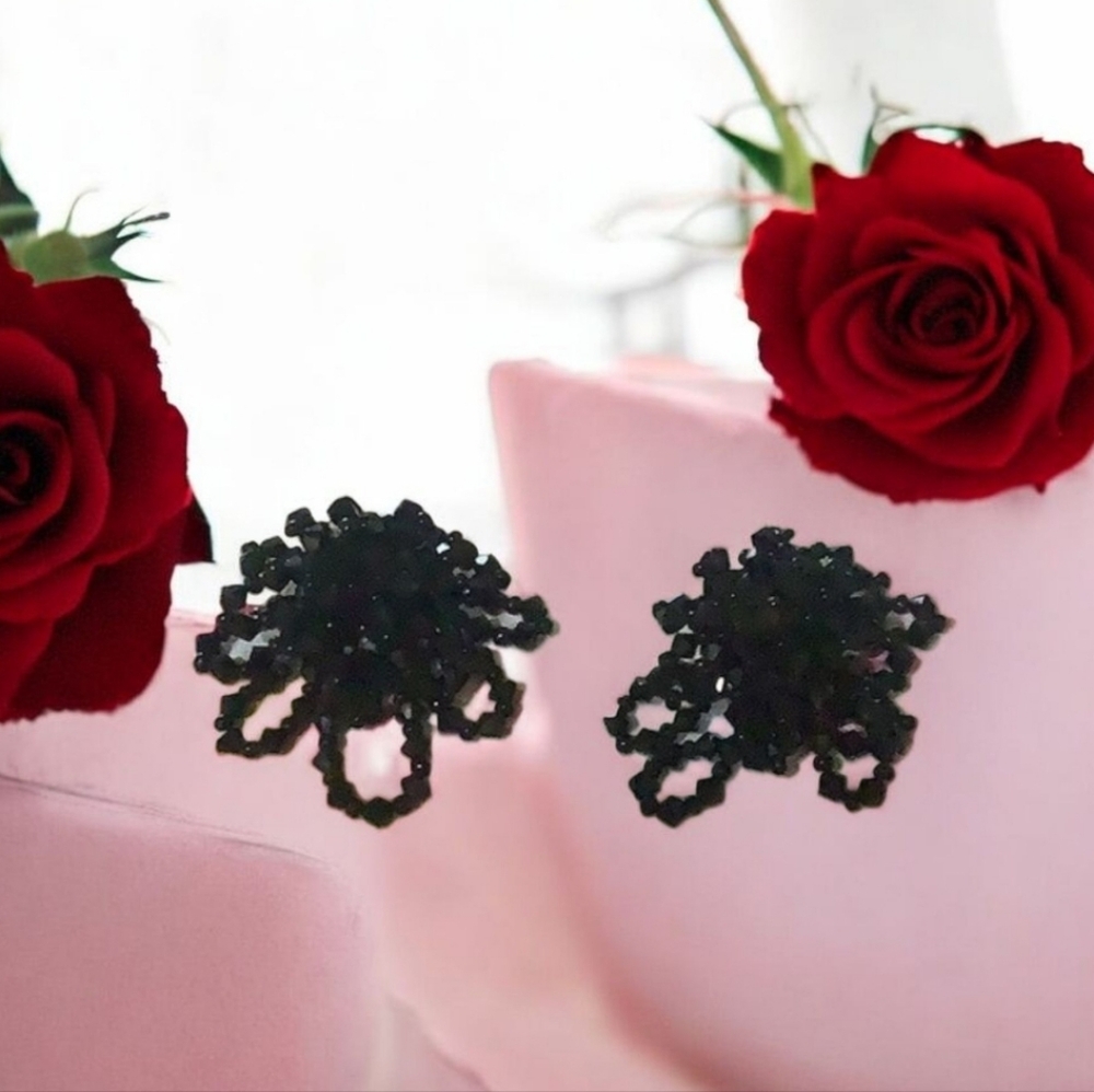 Beaded studded pierced earrings black beads vintage